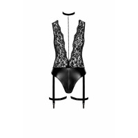 Боді Noir Handmade F297 Libido Deep-V bodysuit with collar, pearl chain and garter - XL