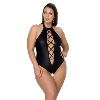 Боди из эко-кожи с имитацией шнуровки и открытым доступом Nancy Body black 6XL/7XL - Passion