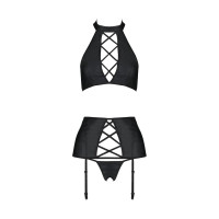 Комплект з імітацією шнурівки Nancy Set black 6XL/7XL - Passion топ, трусики та пояс для панчіх