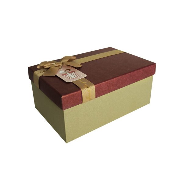 Подарункова коробка з бантом бордово-золота, — 21,5×14,5×9,7 см