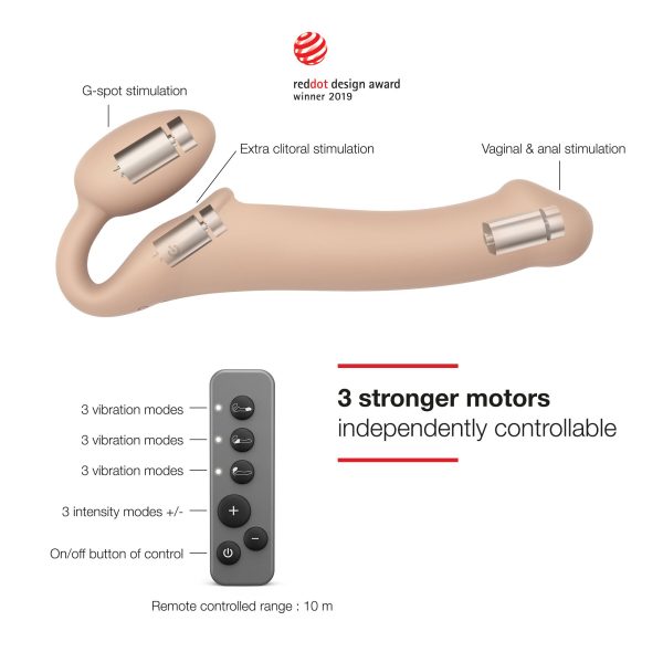 Безремневой страпон с вибрацией Strap-On-Me Vibrating Flesh диаметр 3,3см, пульт ДУ, регулируемый