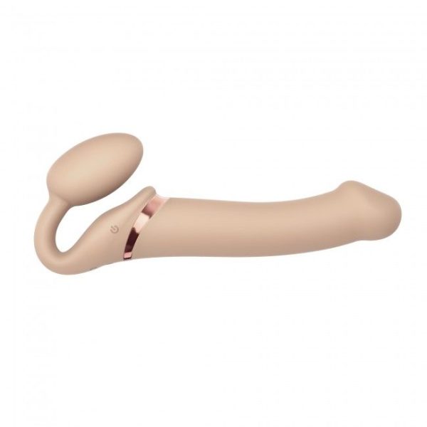 Безремневой страпон с вибрацией Strap-On-Me Vibrating Flesh диаметр 4,2 см, пульт ДУ, регулируемый