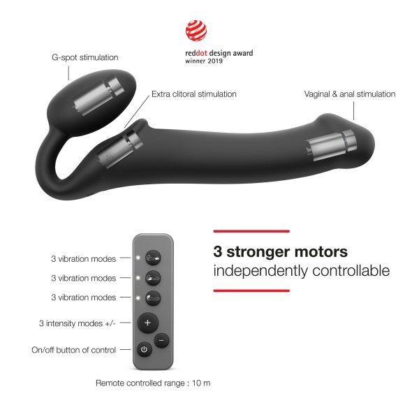 Безремневой страпон с вибрацией Strap-On-Me Vibrating диаметр 3,7см, пульт ДУ, регулируемый