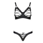 Комплект из экокожи Passion CELINE BIKINI , открытый бра с лентами, стринги со шнуровкой