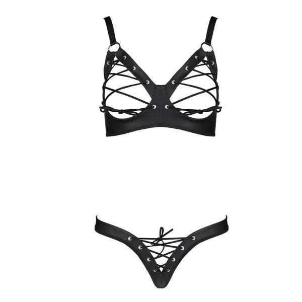 Комплект из экокожи Passion CELINE BIKINI , открытый бра с лентами, стринги со шнуровкой