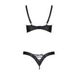 Комплект из экокожи Passion CELINE BIKINI , открытый бра с лентами, стринги со шнуровкой