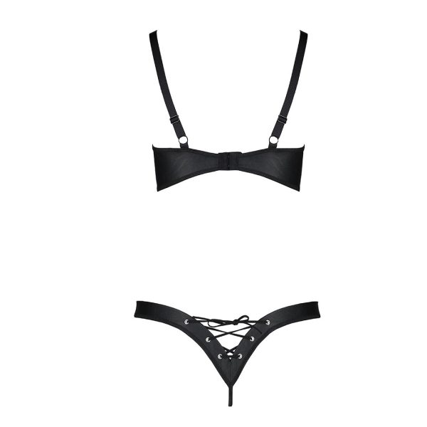 Комплект из экокожи Passion CELINE BIKINI , открытый бра с лентами, стринги со шнуровкой