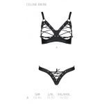 Комплект из экокожи Passion CELINE BIKINI , открытый бра с лентами, стринги со шнуровкой