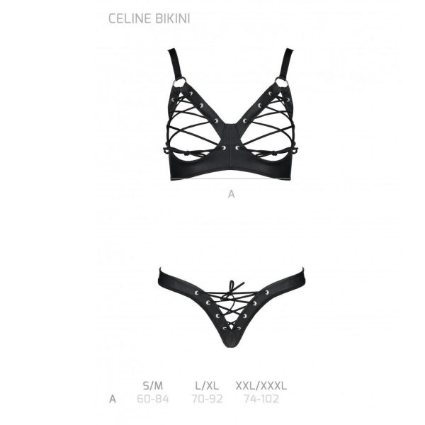 Комплект из экокожи Passion CELINE BIKINI , открытый бра с лентами, стринги со шнуровкой