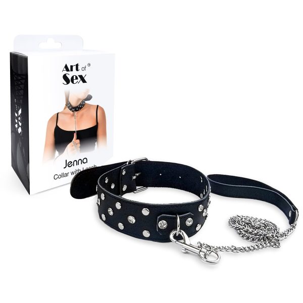 Нашийник з повідцем із натуральної шкіри із заклепками Art of Sex - Jenna Collar with Leash