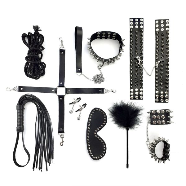BDSM-набор Art of Sex – Spikes BDSM Set Leather, 10 предметов, черный, натуральная кожа