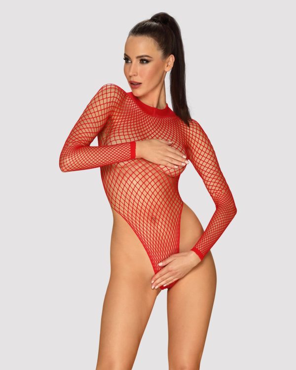 Сетчатый бодистокинг с длинным рукавом Obsessive B126 teddy S красный