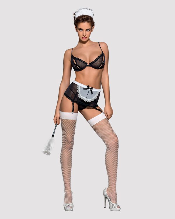 Еротичний костюм покоївки Obsessive Maidme set 5pcs бюстгальтер, пояс з фартухом, панчохи