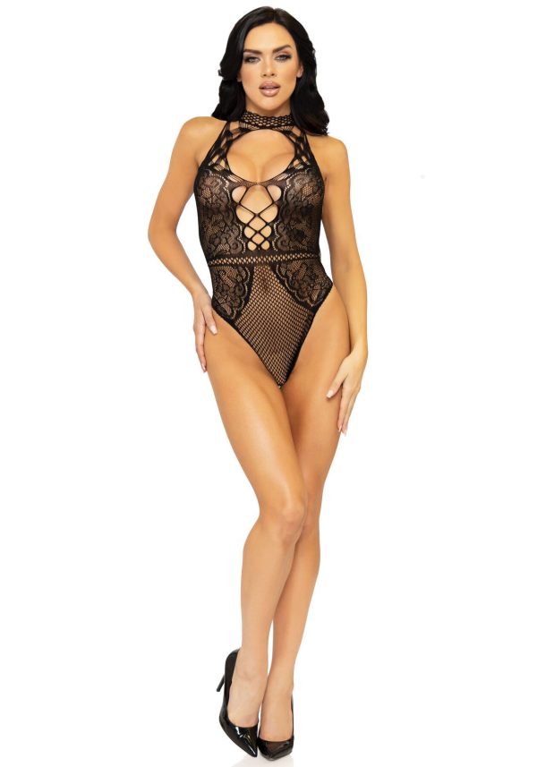 Leg Avenue Net and lace halter bodysuit OS