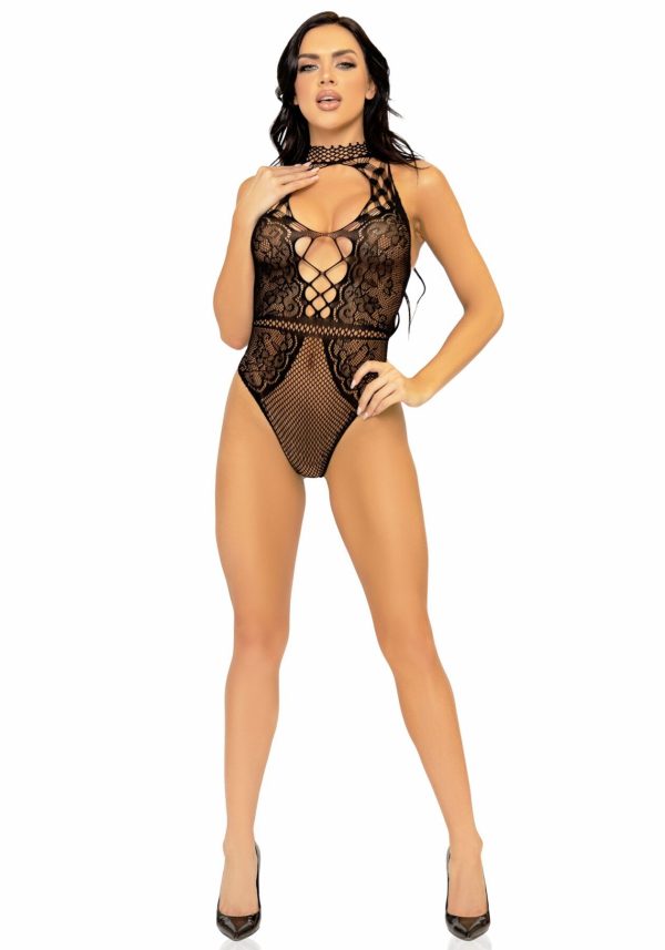 Leg Avenue Net and lace halter bodysuit OS