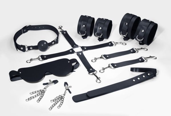 Набір Feral Feelings BDSM Kit 7 наручники, поножі, конектор, маска, падл, кляп, затискачі