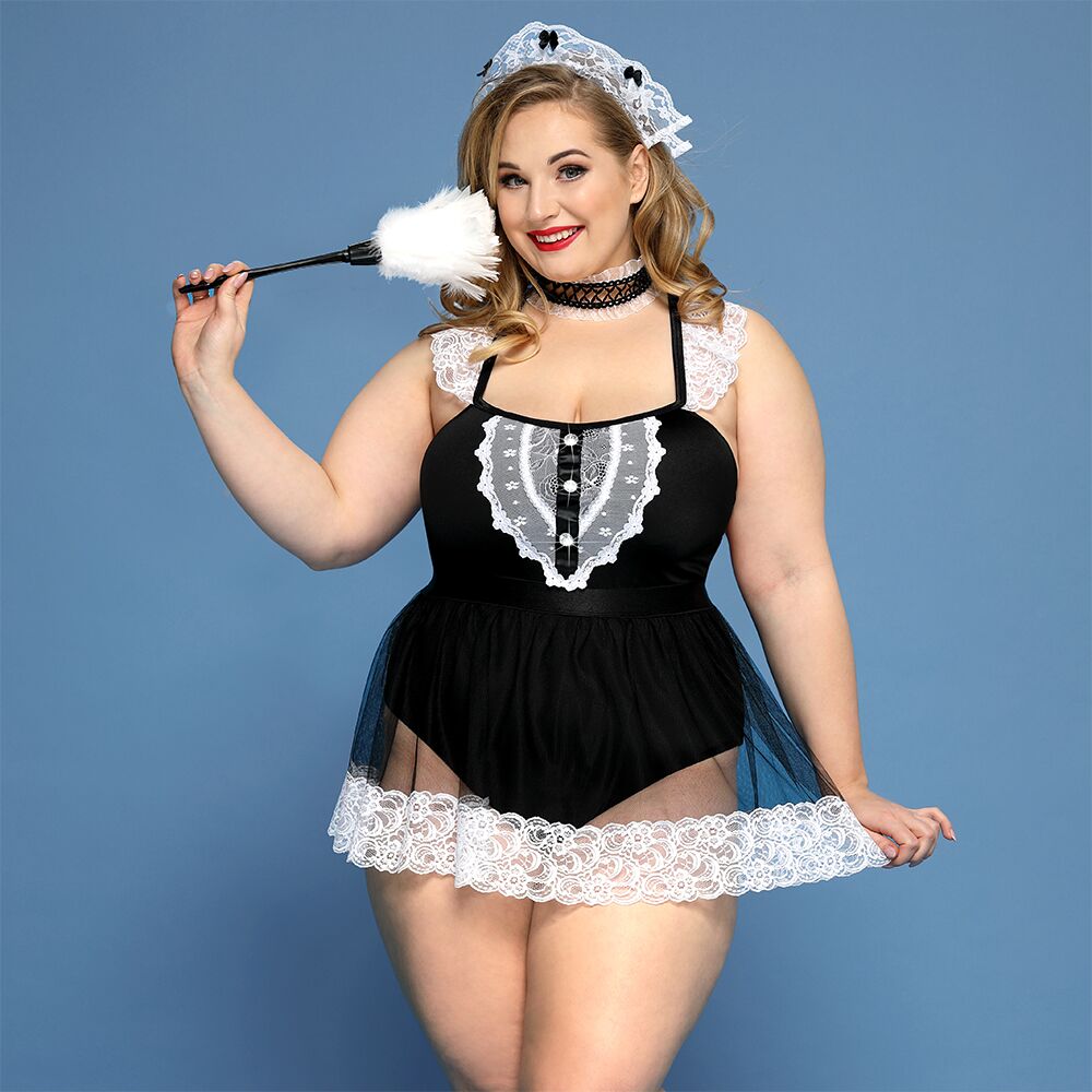 Костюм секс-покоївки JSY «Гаряча Кері» Plus Size боді, спідниця, чокер, головний убір, мітелк