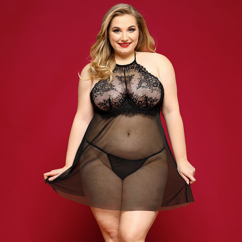 Сорочка бебі-дол JSY «Пристрасна Ліліт» Plus Size, халтер, дрібна сітка, мереживо, стрінги