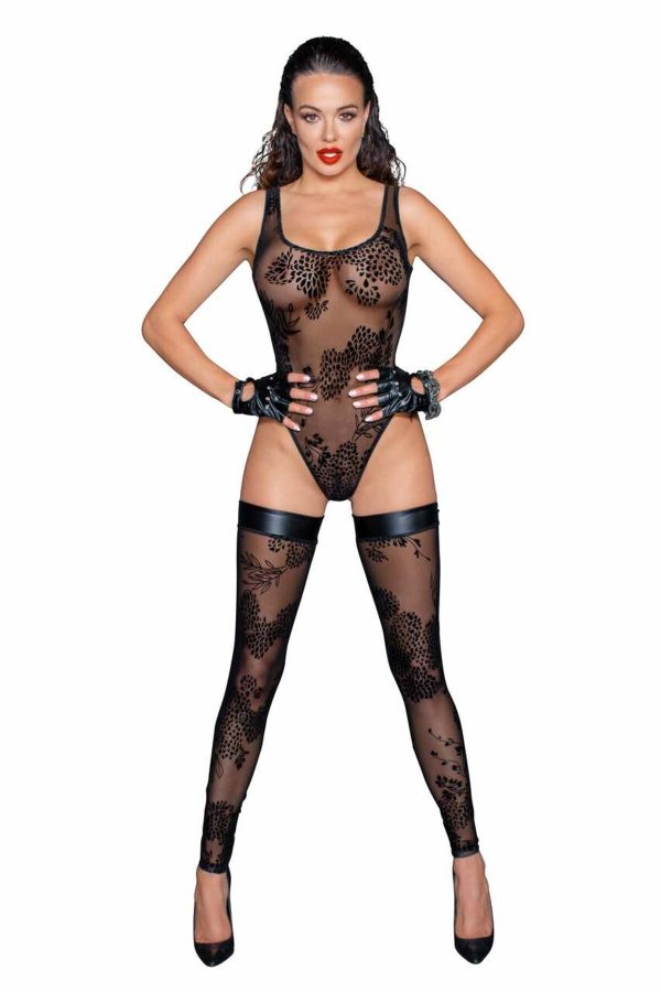Боді Noir Handmade F242 Tulle body with patterned flock embroidery