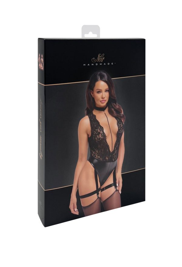 Боді Noir Handmade F297 Libido, чорне, мереживо, низ під латекс, відкритий доступ