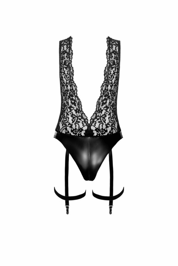Боді Noir Handmade F297 Libido, чорне, мереживо, низ під латекс, відкритий доступ