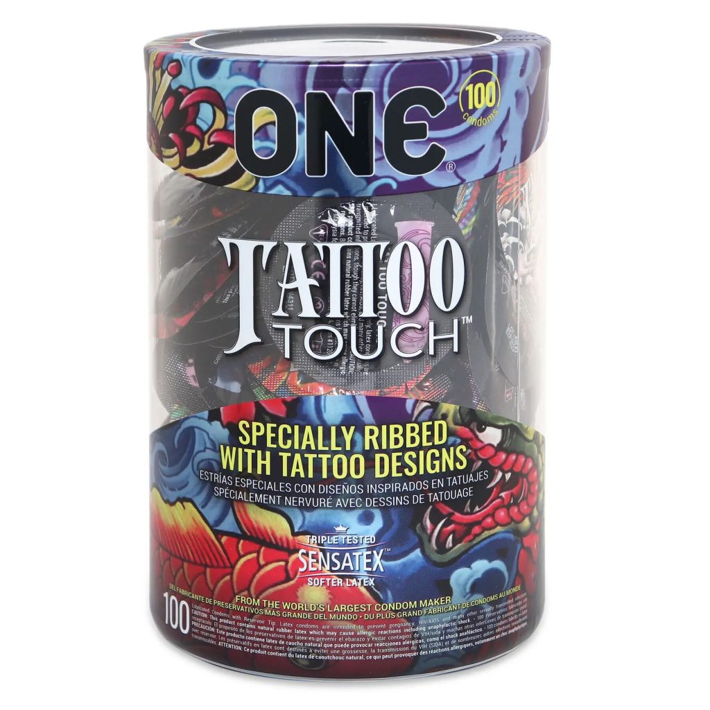 Набор презервативов ONE Tattoo Touch, 100 шт, с рельефом в виде тату, 3 разновидности, упаковка-тубус