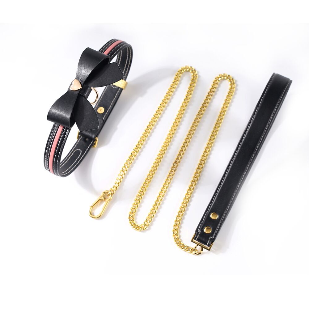 Нашийник з повідцем LOCKINK SEVANDA Love Heart Butterfly Leather Collar Set, чорно- з бантом