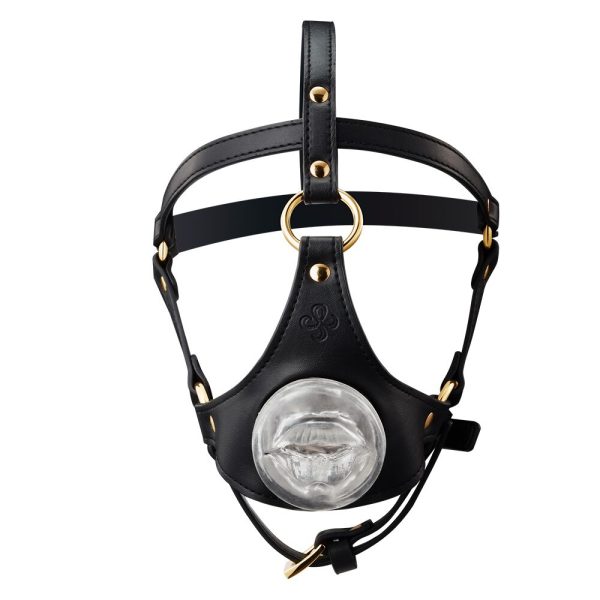 Маска-збруя для мінету LOCKINK SEVANDA Blowjob Head Harness, чорна, з м’якою вставкою у вигляді губ