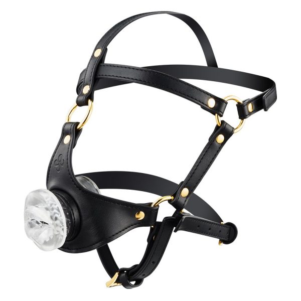 Маска-збруя для мінету LOCKINK SEVANDA Blowjob Head Harness, чорна, з м’якою вставкою у вигляді губ