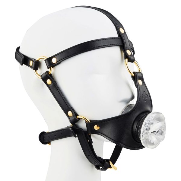 Маска-збруя для мінету LOCKINK SEVANDA Blowjob Head Harness, чорна, з м’якою вставкою у вигляді губ