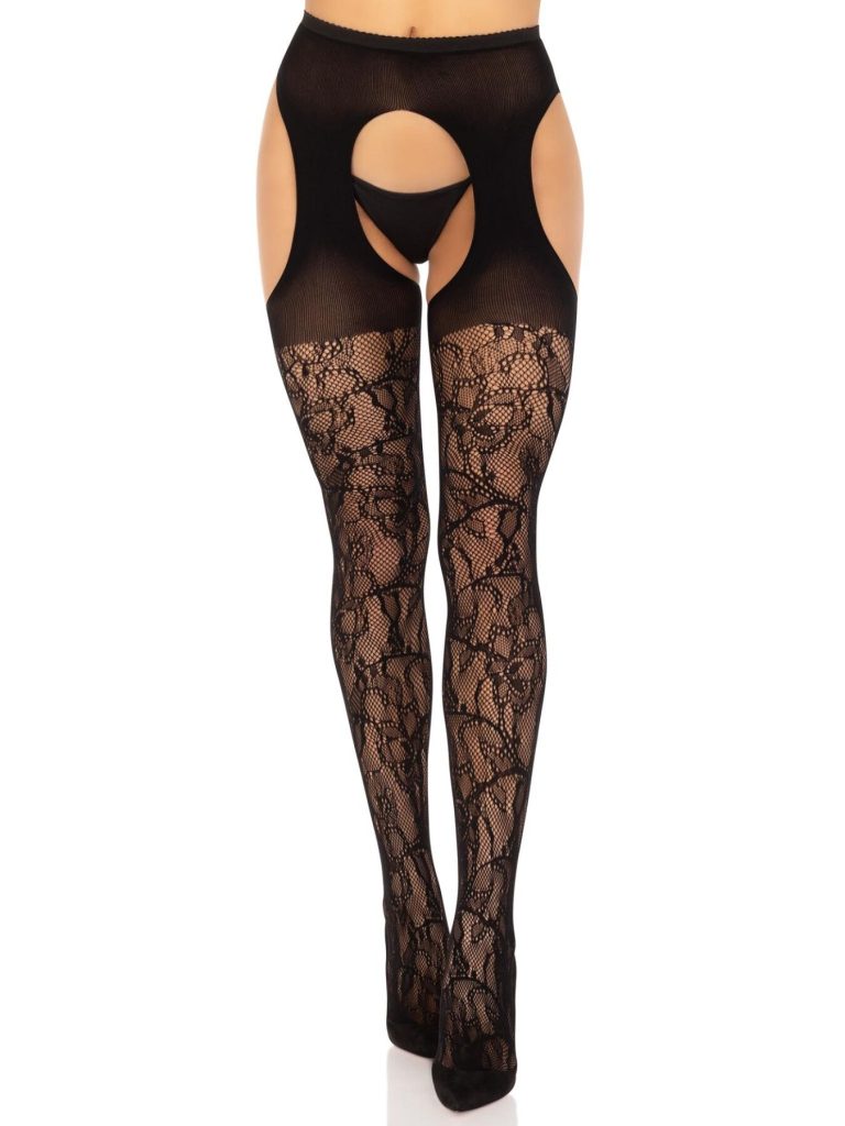 Стрип-колготки Leg Avenue Eyelet lace suspender hose, чорні, ажурні, з відкритим доступом