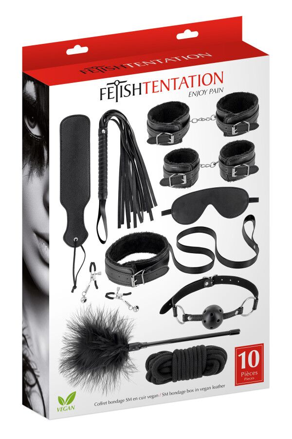 Набор для BDSM все-в-одном Fetish Tentation SM Bondage Box in vegan leather, 10 предметов