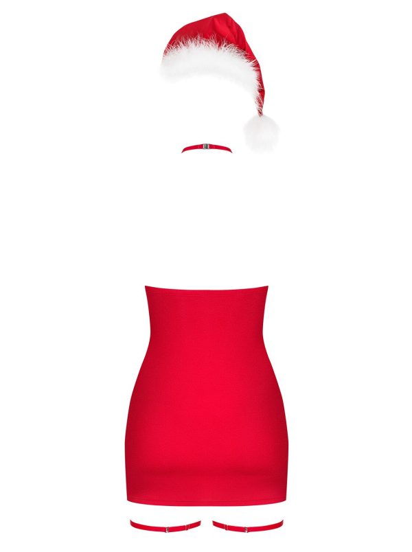 Новорічна сорочка Obsessive Kissmas chemise, червона, чокер, гартери та шапочка з помпоном