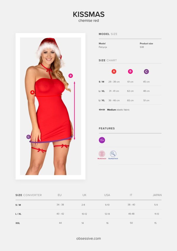 Новорічна сорочка Obsessive Kissmas chemise, червона, чокер, гартери та шапочка з помпоном