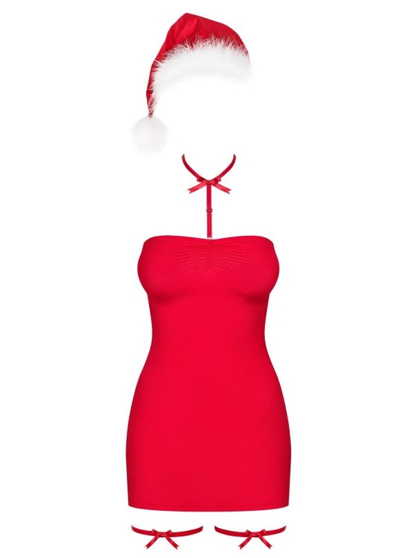 Новорічна сорочка Obsessive Kissmas chemise 2XL/3XL, червона, чокер, гартери та шапочка з помпоном