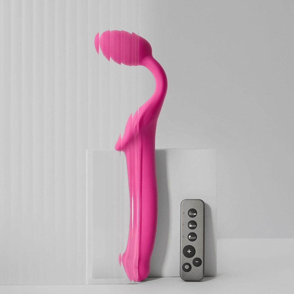 Безремінний страпон з вібрацією Strap-On-Me Vibrating Fuchsia діаметр 3,8 см, пульт ДК, регульований
