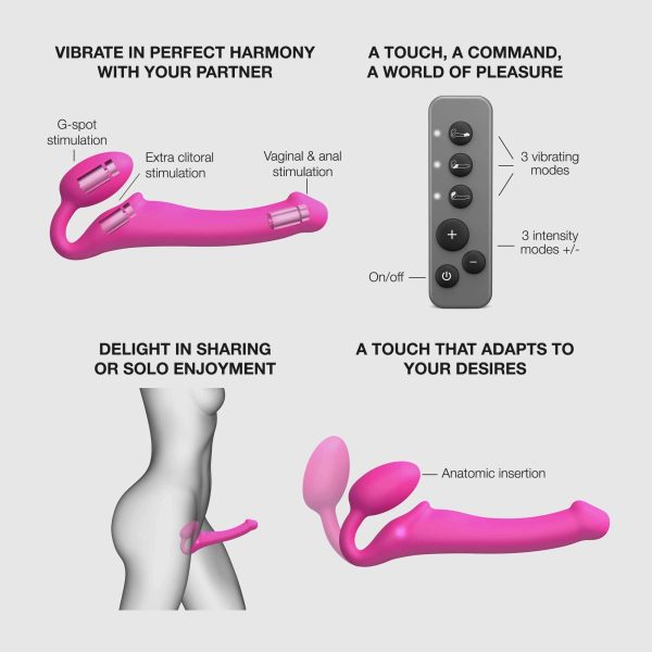 Безремневой страпон с вибрацией Strap-On-Me Vibrating Fuchsia диаметр 3,8 см, пульт ДУ, регулируемый