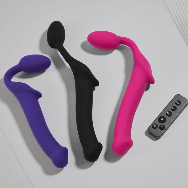 Безремневой страпон с вибрацией Strap-On-Me Vibrating Fuchsia диаметр 3,8 см, пульт ДУ, регулируемый