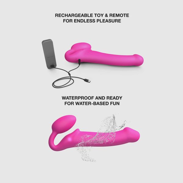 Безремневой страпон с вибрацией Strap-On-Me Vibrating Fuchsia диам. 4,7см, пульт ДУ, регулируемый
