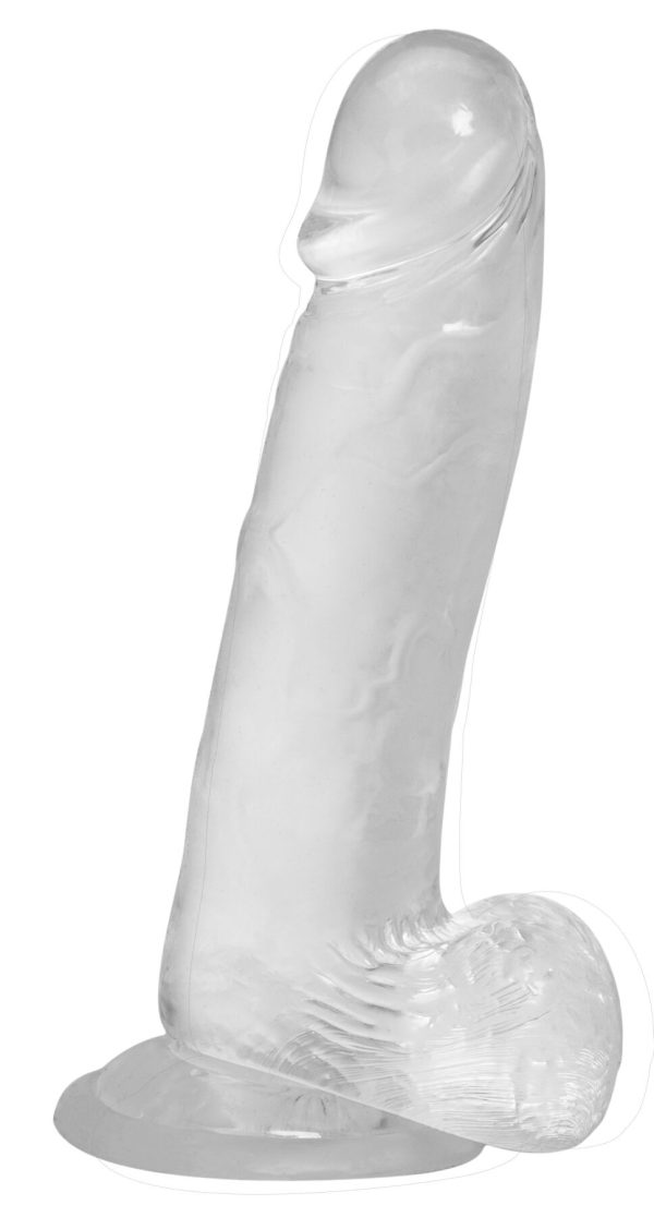 Прозорий фалоімітатор на присосці ADDICTION — Clear Dildo with Balls 8″, віброкуля в подарунок